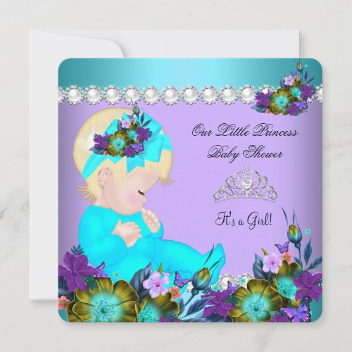 Princess Baby Shower Girl Teal Blue Purple Blonde Invitation