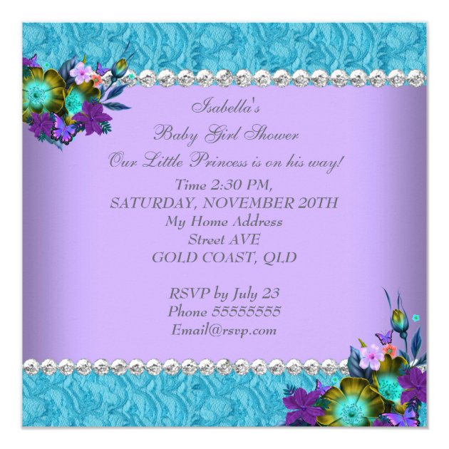 Princess Baby Shower Girl Teal Blue Purple Invitation