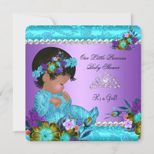 Princess Baby Shower Girl Teal Blue Purple Damask Invitation