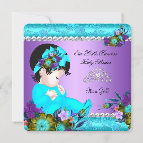 Princess Baby Shower Girl Teal Blue Purple Damask Invitation