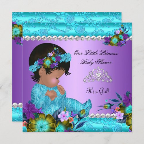 Princess Baby Shower Girl Teal Blue Purple Damask Invitation