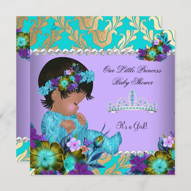 Princess Baby Shower Girl Teal Blue Purple Gold Invitation (Front/Back)