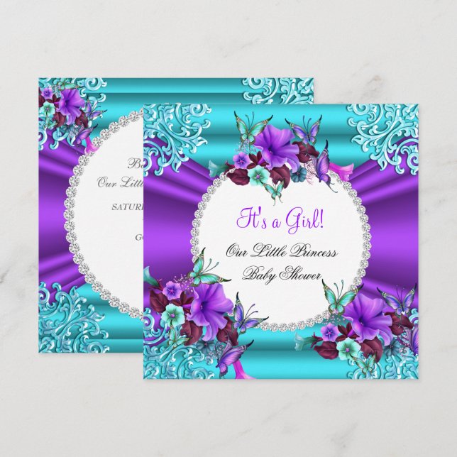Princess Baby Shower Girl Teal Purple Floral 3 Invitation (Front/Back)