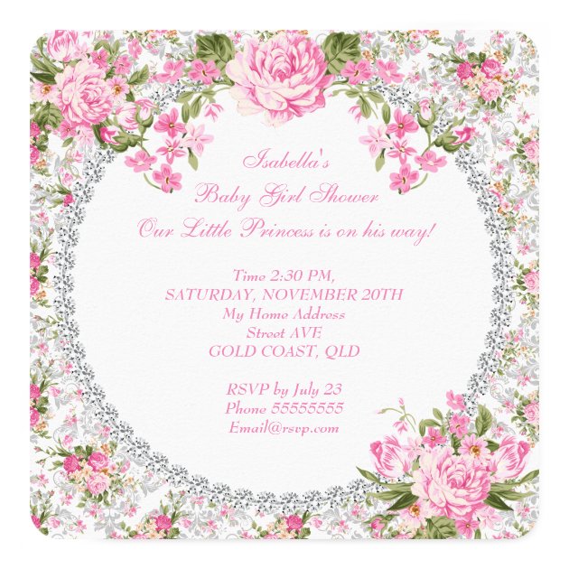 Princess Baby Shower Girl Vintage Rose Floral 3 Invitation