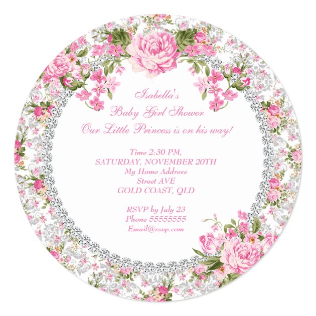 Princess Baby Shower Girl Vintage Rose Floral Invitation