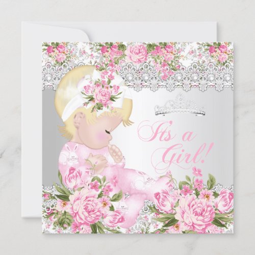 Princess Baby Shower Girl Vintage Rose Pearl B Invitation