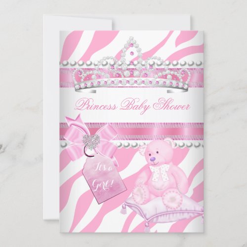 Princess Baby Shower Girl Zebra Pink White Bear Invitation
