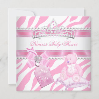 Princess Baby Shower Girl Zebra Pink White Bear Invitation