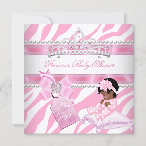 Princess Baby Shower Girl Zebra Pink White Ethnic Invitation