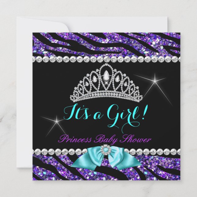 Princess Baby Shower Glitter Purple Teal Zebra Invitation (Front)