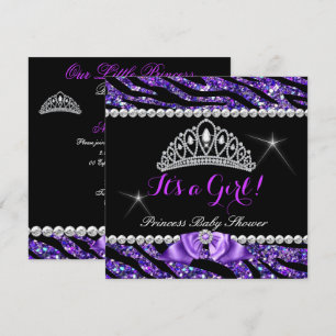 Princess Baby Shower Glitter Purple Zebra Bow Invitation