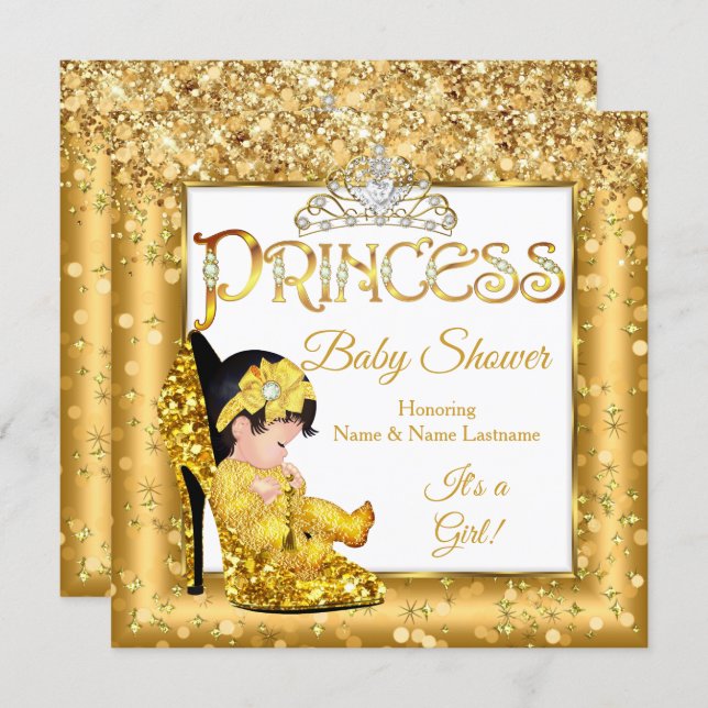 Princess Baby Shower Gold High Heel Glitter Medium Invitation (Front/Back)