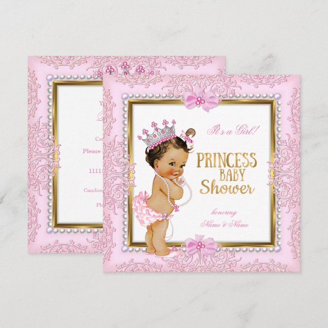 Princess Baby Shower Gold Pink Pearls Lace Invitation (Front/Back)