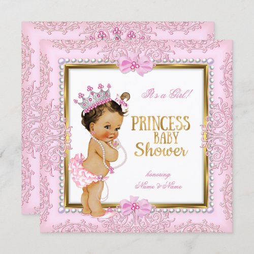 Princess Baby Shower Gold Pink Pearls Lace Invitation