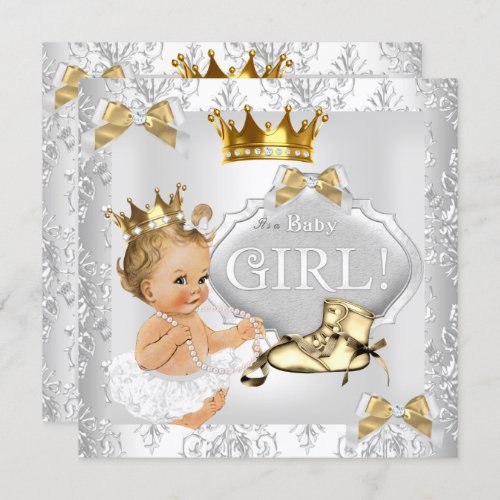 Princess Baby Shower Gold Silver Damask Blonde Invitation