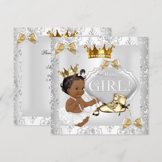Princess Baby Shower Gold Silver Damask Ethnic Invitation (Front/Back)