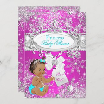 Princess Baby Shower Hot Pink Aqua Brunette Invitation by VintageBabyShop at Zazzle