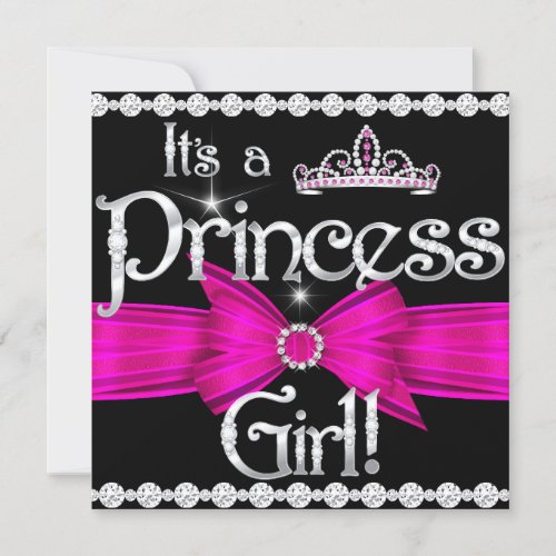 Princess Baby Shower Hot Pink Bow Silver Tiara Invitation