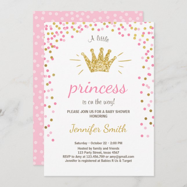 Princess Baby Shower Invitation Pink Gold Glitter (Front/Back)