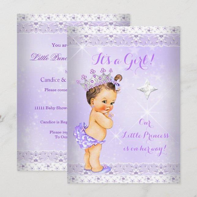 Princess Baby Shower Lilac Lace Tiara Brunette Invitation (Front/Back)