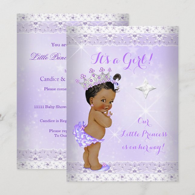 Princess Baby Shower Lilac Lace Tiara Ethnic Invitation (Front/Back)