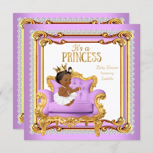 Princess Baby Shower Lilac Pink Gold Chair Ethnic Invitation