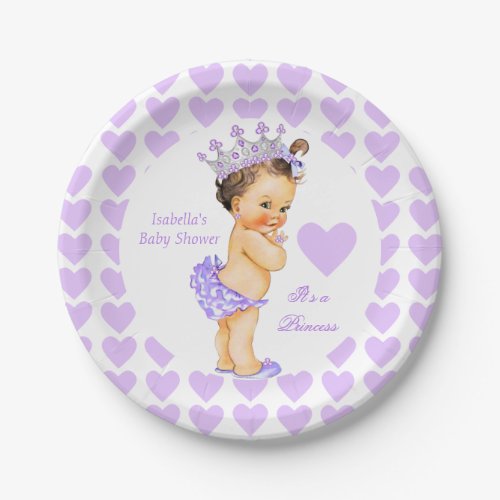 Princess Baby Shower Party Purple Heart Brunette Paper Plates