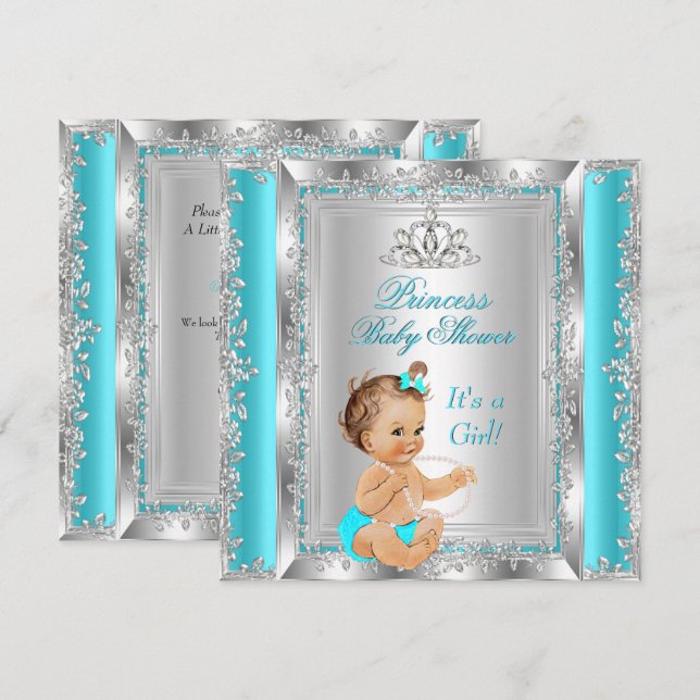 Princess Baby Shower Party Teal Silver Brunette Invitation (Front/Back)