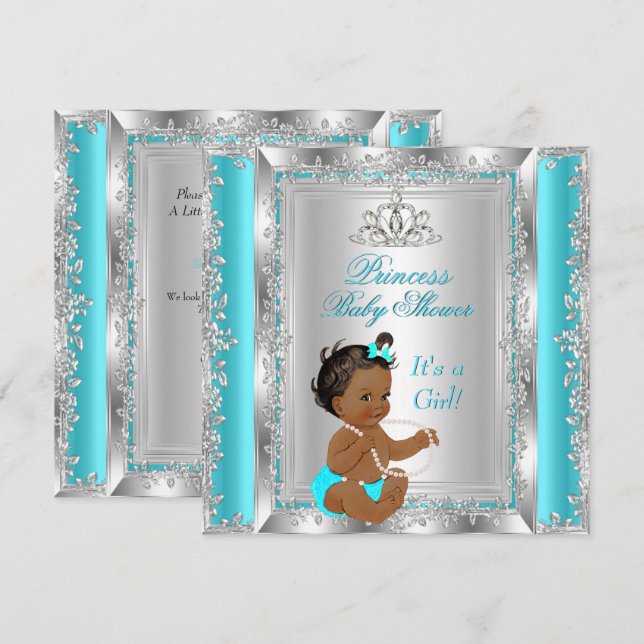 Princess Baby Shower Party Teal Silver Ethnic Invitation (Front/Back)