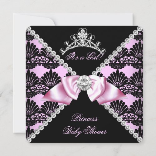 Princess Baby Shower Pink Black Lace Diamond Invitation