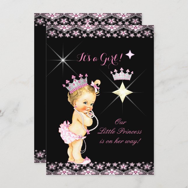 Princess Baby Shower Pink Black Tiara Blonde Baby Invitation (Front/Back)