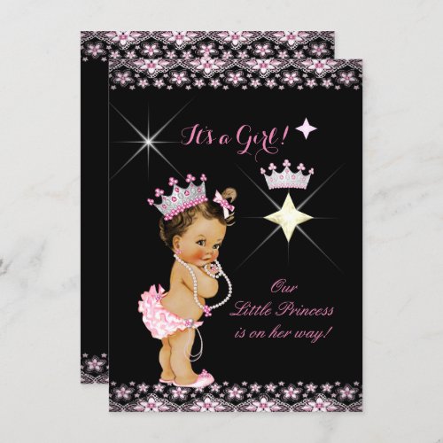 Princess Baby Shower Pink Black Tiara Brunette Invitation