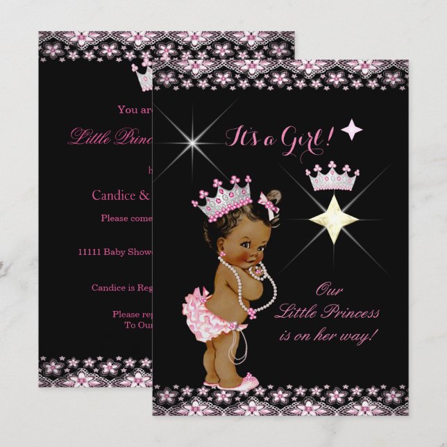 Princess Baby Shower Pink Black Tiara Ethnic Invitation (Front/Back)
