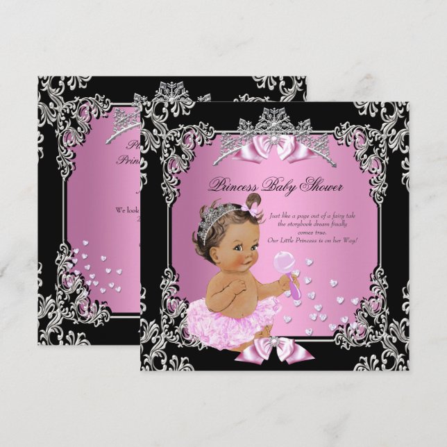 Princess Baby Shower Pink Black Tutu Brunette Invitation (Front/Back)