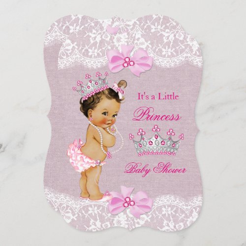 Princess Baby Shower Pink Burlap Lace Brunette Invitation
