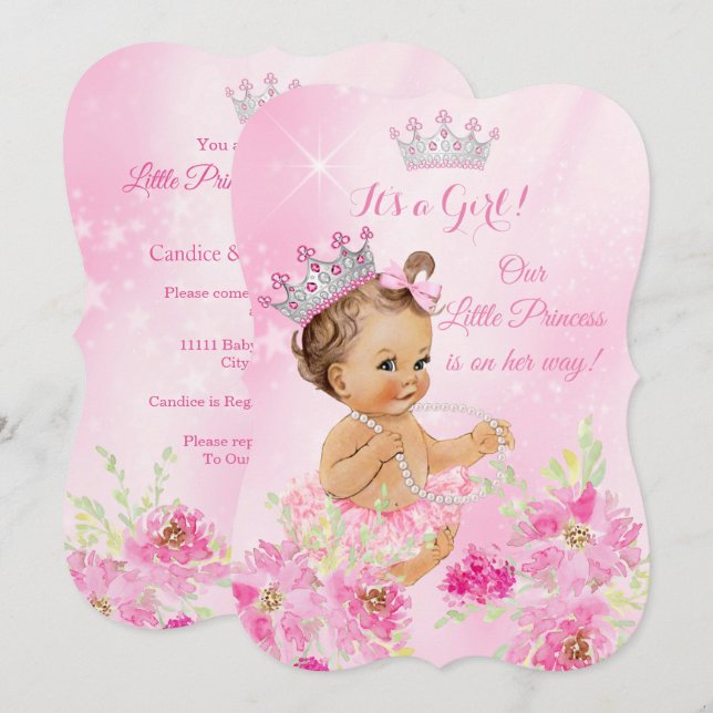 Princess Baby Shower Pink floral Tutu Brunette Invitation (Front/Back)