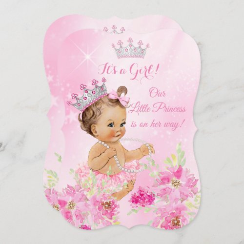 Princess Baby Shower Pink floral Tutu Brunette Invitation