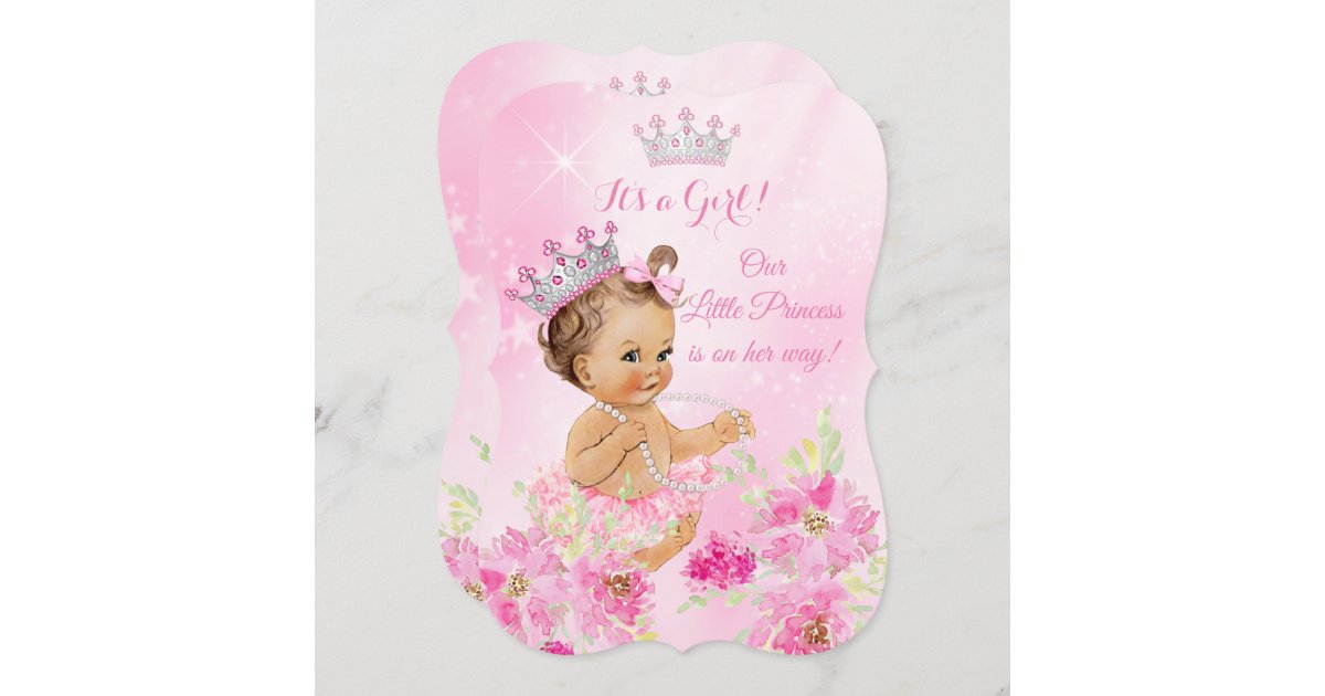 Princess Baby Shower Pink floral Tutu Brunette Invitation | Zazzle