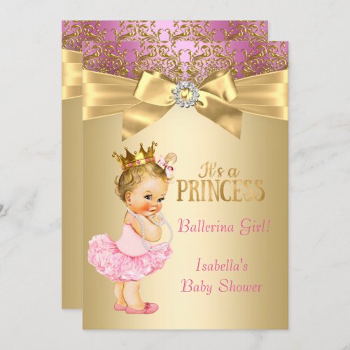 Princess Baby Shower Pink Gold Ballerina Blonde Invitation