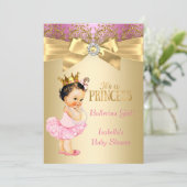 Princess Baby Shower Pink Gold Ballerina Brunette Invitation (Standing Front)