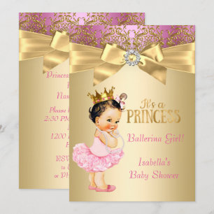 Princess Baby Shower Pink Gold Ballerina Brunette Invitation