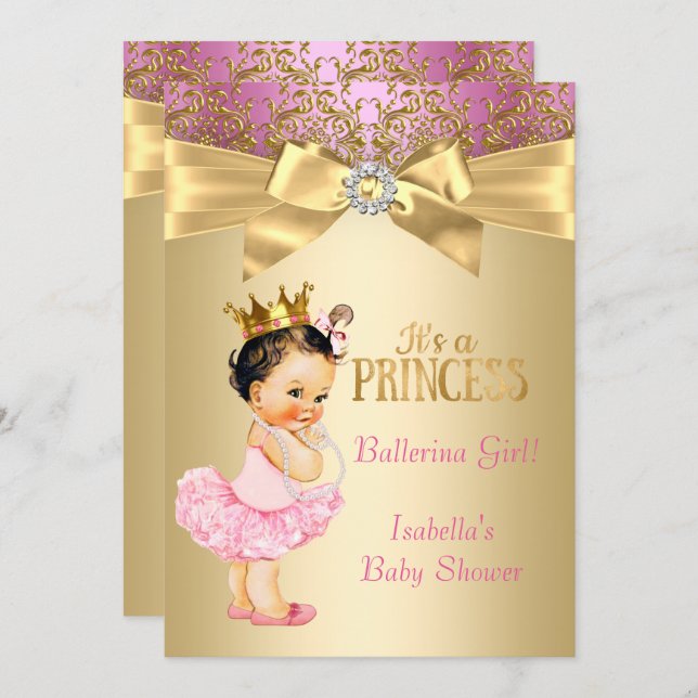Princess Baby Shower Pink Gold Ballerina Brunette Invitation (Front/Back)