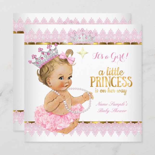 Princess Baby Shower Pink Gold Blonde Girl Invitation (Front/Back)