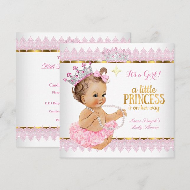 Princess Baby Shower Pink Gold Brunette Baby Invitation (Front/Back)