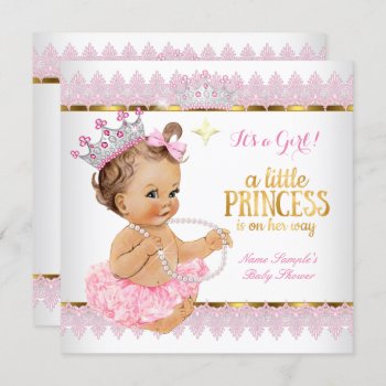 Princess Baby Shower Pink Gold Brunette Baby Invitation by VintageBabyShop at Zazzle