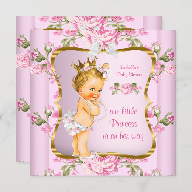 Princess Baby Shower Pink Gold Floral Blonde Invitation (Front/Back)