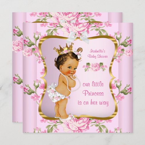 Princess Baby Shower Pink Gold Floral Brunette Invitation