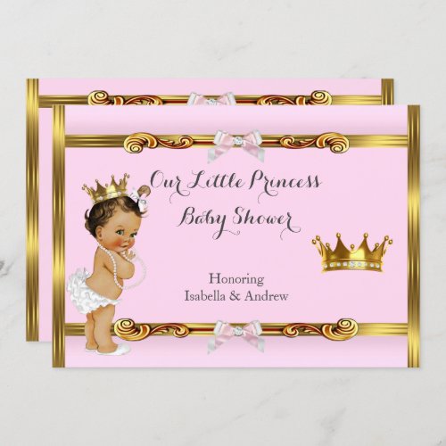 Princess Baby Shower Pink Gold Girl Brunette Invitation