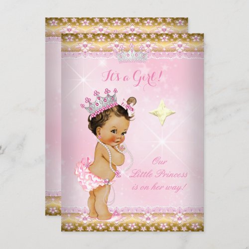 Princess Baby Shower Pink Gold Lace Tiara Brunette Invitation