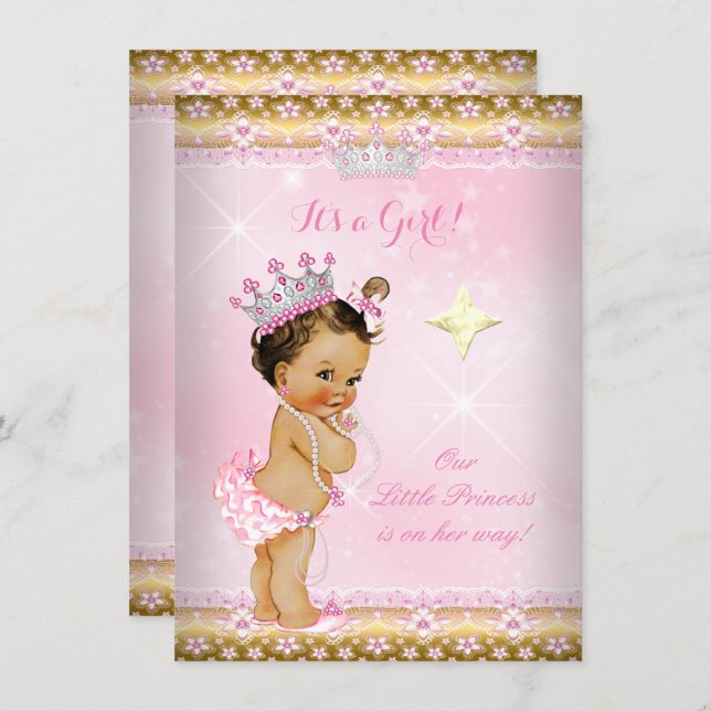 Princess Baby Shower Pink Gold Lace Tiara Brunette Invitation (Front/Back)